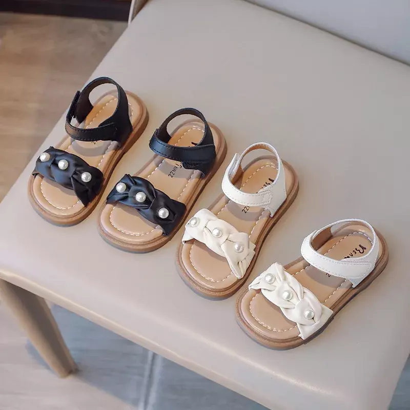 Girls Sandals Summer 2024 New Children's Fold Pearl Sandals Fashion Sweet Kids Princess Open-toe Beach Flat Sandals Solid Color