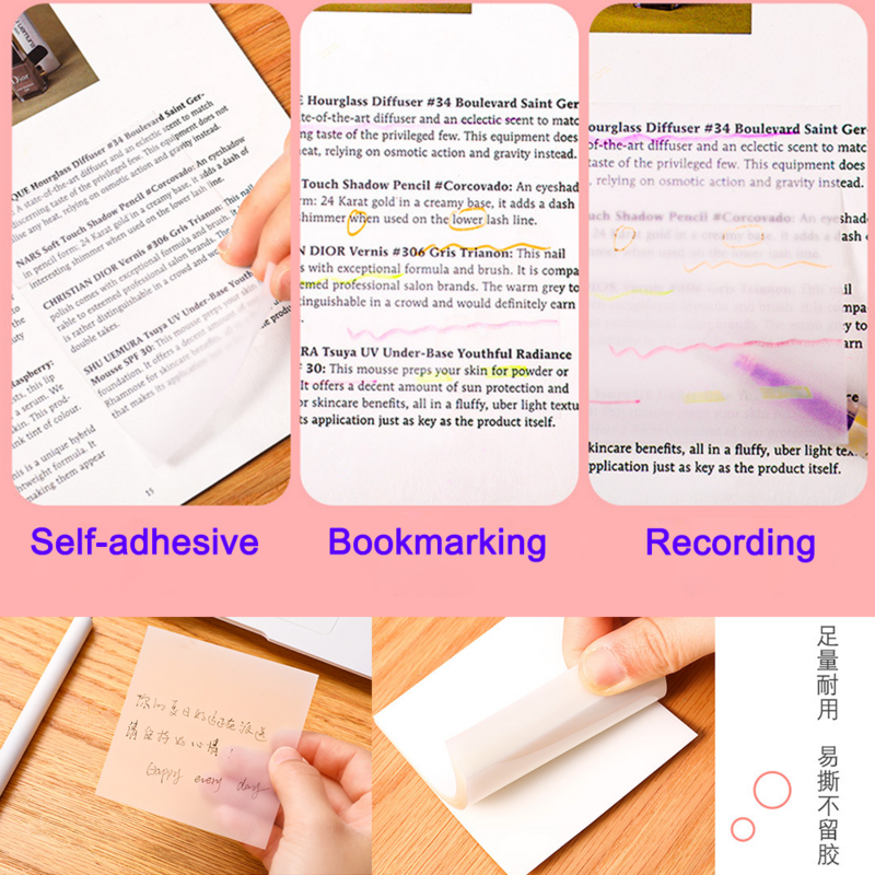 Limpar PET Florescente Sticky Notes, Marcadores de livros, Post Notepads, Papelaria Index Tab Planner, Check List Label, Transparente Memo Pads