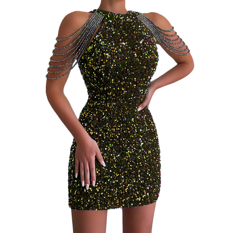 Fancy Dress For Adults Sexy Halterneck Glitter Sparkly paillettes Beaded nappa Mini abiti Vintage Homecoming Dress muslimex
