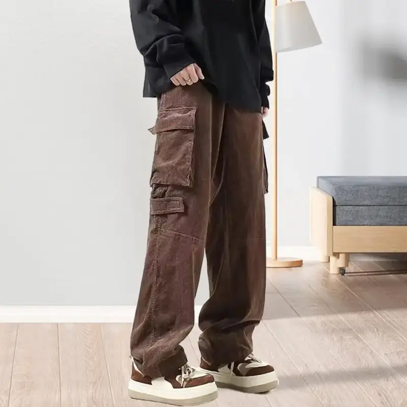 Męskie spodnie luźne, niskie, szerokie nogawki w stylu Vintage z wieloma dużymi kieszeniami spodnie Cargo spodnie Fitness