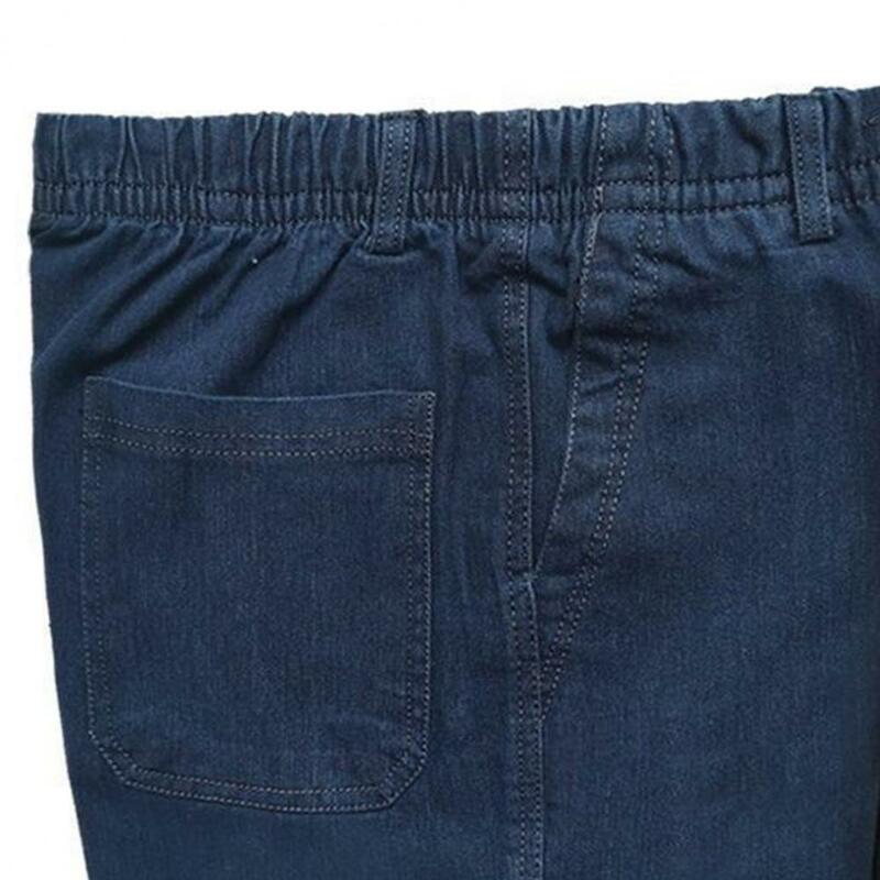 Calça Jeans com elástico na cintura masculina, calças com faixas no tornozelo, monocromáticas, soltas, bolsos coloridos, comprimento do tornozelo, crotch profundo, longo