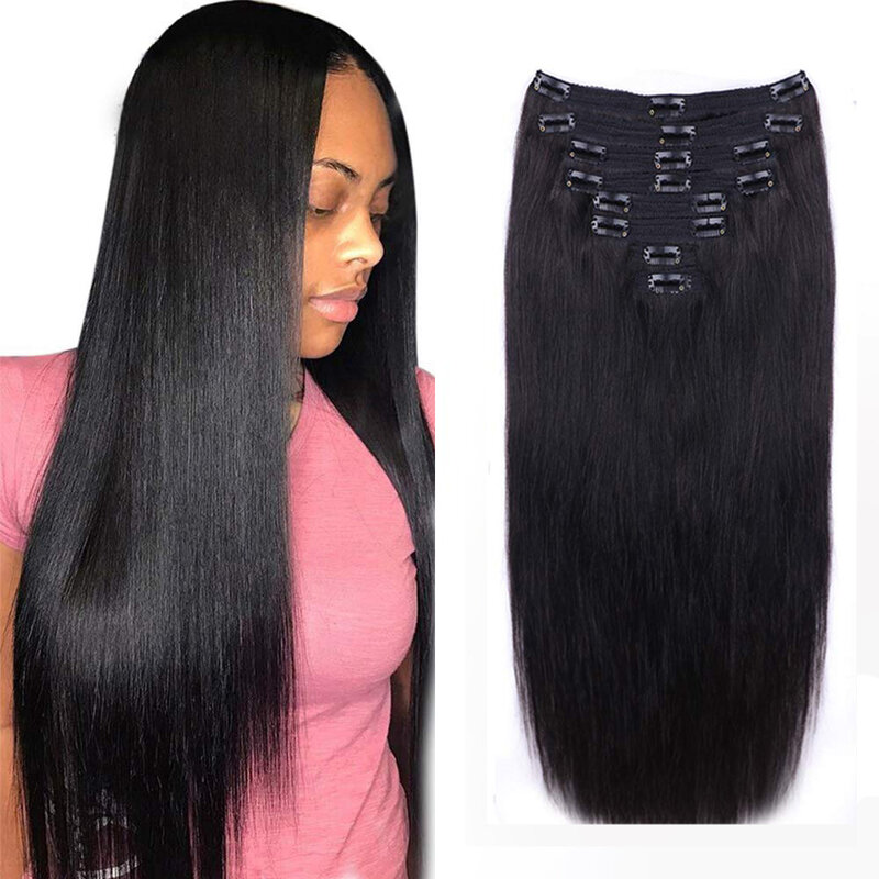 Extensiones de cabello humano Real con Clip recto para mujer, alta calidad, negro Natural, 1B, Color, Ins, Remy