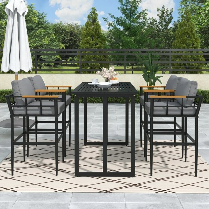 Ensemble de salle à manger d'extérieur en acier, table rectangulaire en métal avec 4 chaises simples, accoudoir en bois d'acacia, 5 pièces