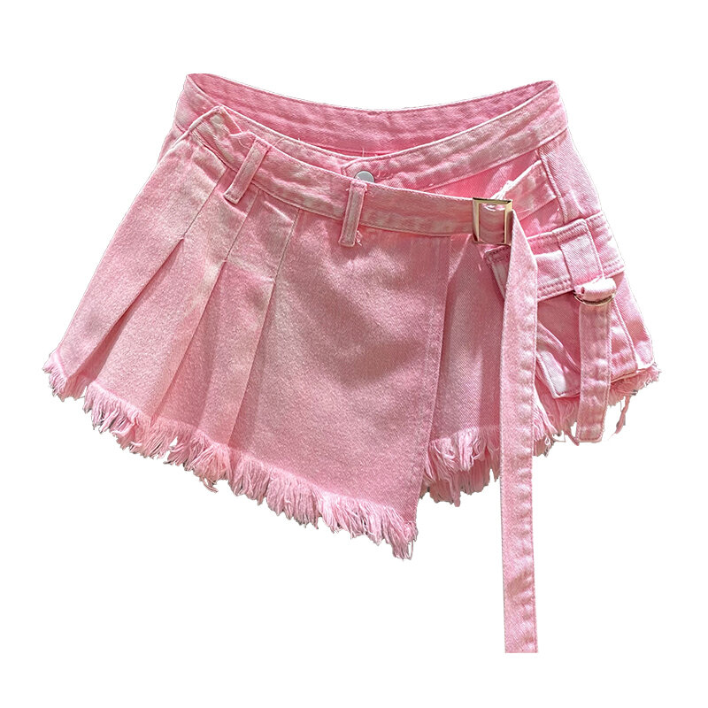 Mini jupe en jean rose irrégulière pour femme, taille haute, amincissante, faux deux pièces, vêtements de travail trapèze, été, 2023