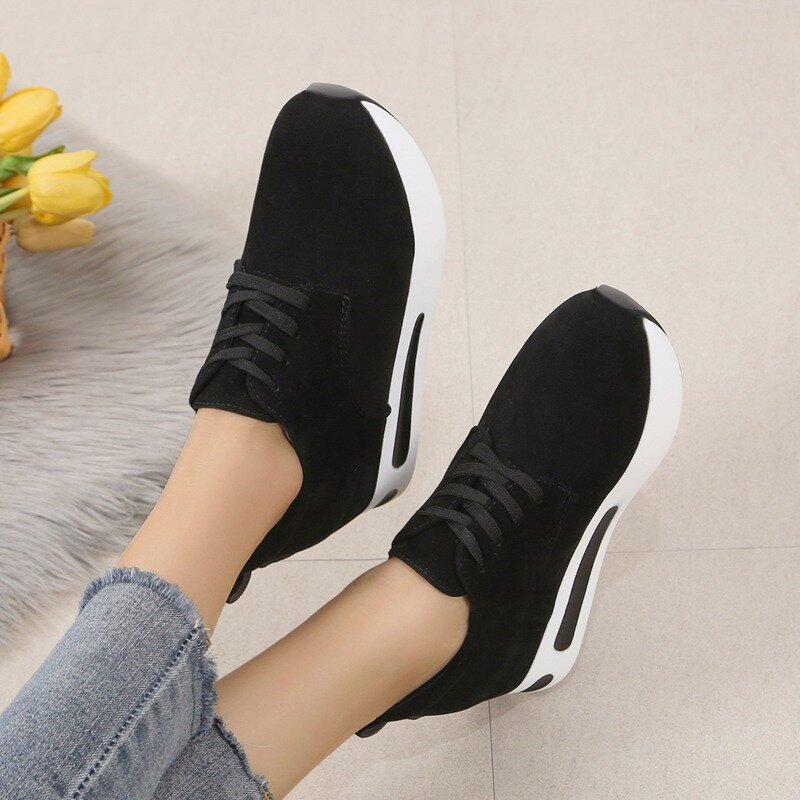 High Rise Women's Shoes in Solid Color, New Flat Bottomed Sloping Heel Lace Up Single Shoes, Casual Loafers