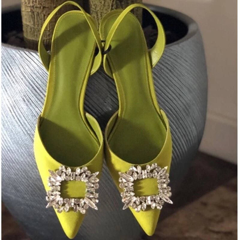 Sandalias de tacón medio con diamantes de imitación para mujer, zapatos puntiagudos, a la moda, para otoño y verano, novedad de 2023