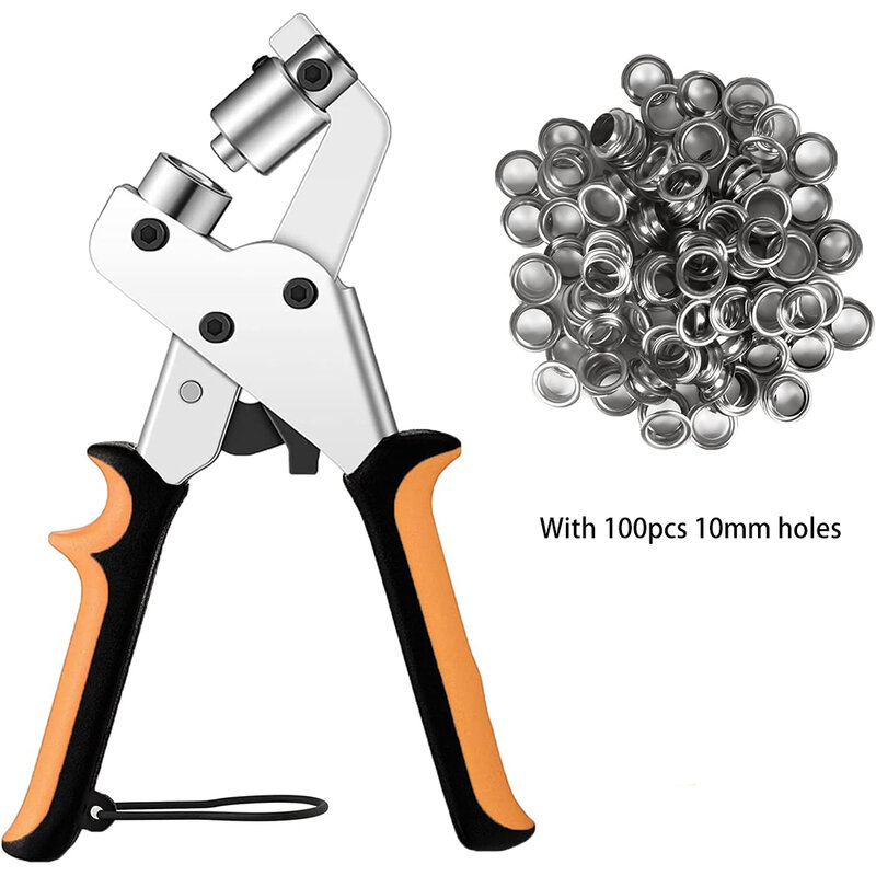 EyeletPlier Tool Kit com 10mm Buracos, Manual Press Hole Punch Alicate para Tarp lona tendas, toldo Grommet Kit, 100Pcs