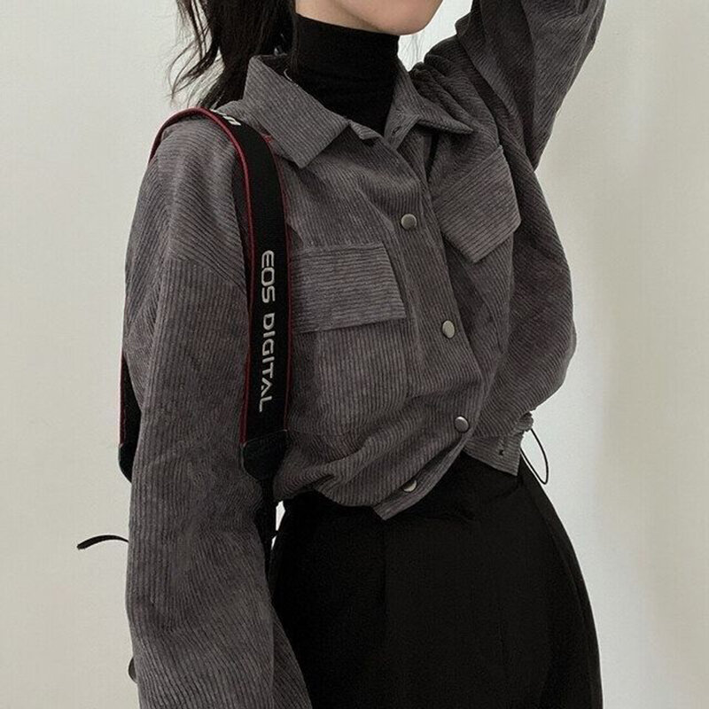 Rimocy corta-Blusa de manga larga con bolsillos para mujer, Chaqueta corta de PANA con cordón, abrigos coreanos salvajes de Color sólido