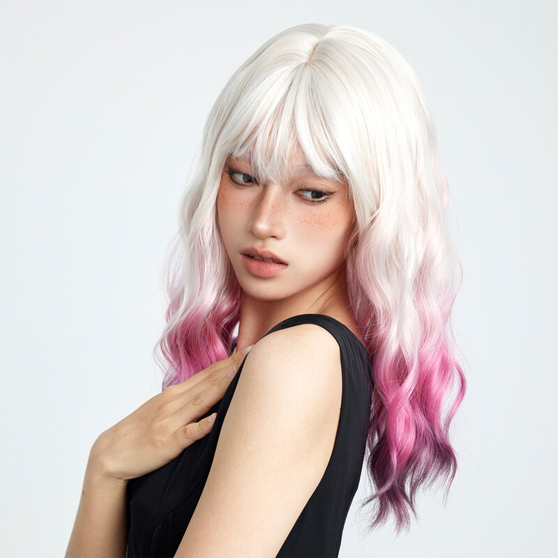 Synthetische lange gewellte Perücke Ombre Farbverlauf weiß lila Farbe für Frauen täglich Cosplay Halloween Perücken hitze beständige Faser Pony Haare