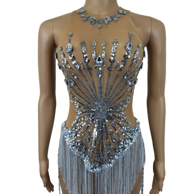 Sparkly Rhinestones Sequins Fringes Leotard Women Sexy Mesh Transparent Performance Dance Costume Stage Wear Club Outfit Shuihua