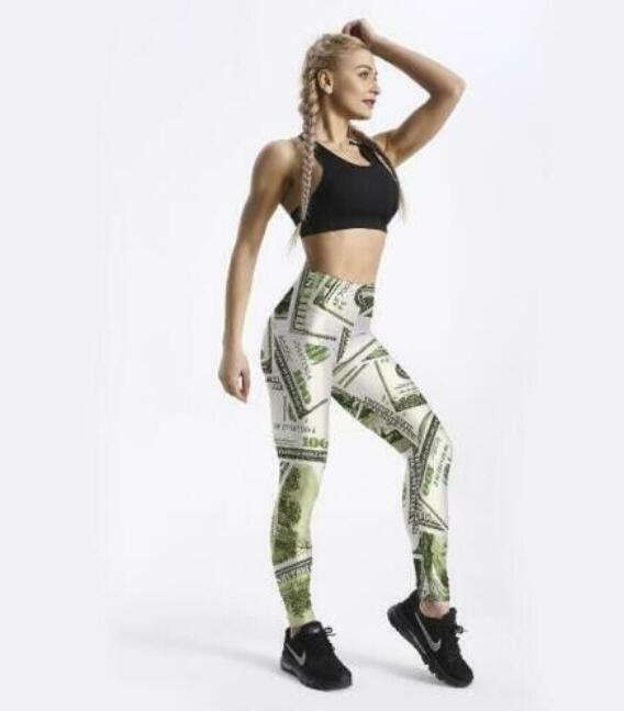 Mallas con cintura elástica para mujer, leggings informales con estampado de dinero, Fitness, talla L