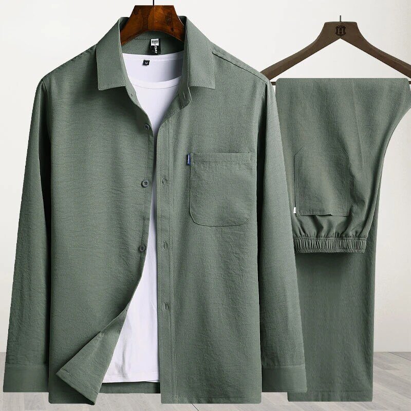 Męska koszula z długim rękawem wiosna lato lodowy jedwab strój z koszulką jednolity kolor cienki płaszcz
