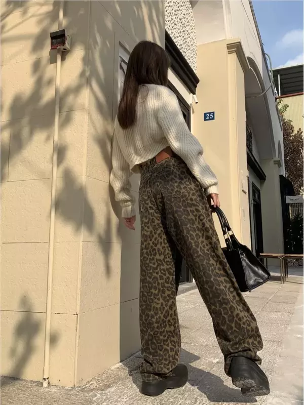 Джинсы женские с леопардовым принтом, Длинные свободные плиссированные модные брюки с завышенной талией, прямые штаны в Корейском стиле, весна-осень