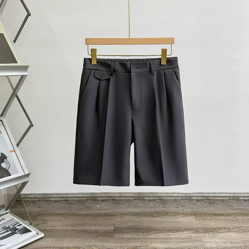 Celana pendek selutut untuk pria, celana pendek bisnis kasual modis bahan Jepang warna hitam putih abu-abu elastis lurus untuk pria