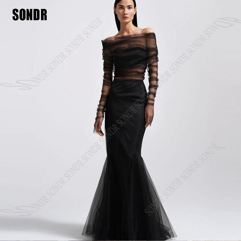 SONDR 2024 블랙 인어 무도회 드레스, 긴 오프 숄더 이브닝 원피스 2024, 전체 소매 얇은 명주 그물, 공식 이벤트 파티 가운