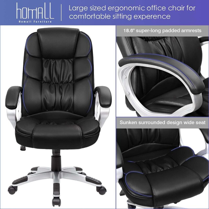 Krzesło biurowe Krzesło biurowe z wysokim oparciem, skórzane PU z regulacją wysokości, nowoczesne obrotowe krzesło zadaniowe Executive z wyściełaną wyściółką