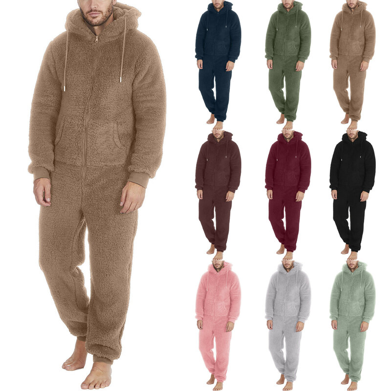 Männer Plüsch Teddy Fleece Pyjama Winter warme Hoodies Bodysuit Overalls Anzüge Nachtwäsche täglich Kapuze Flanell Homewear Nachtwäsche 5xl