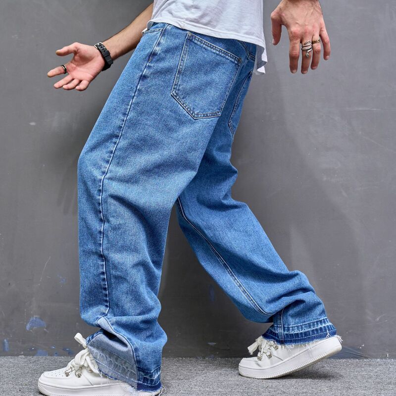 Calça jeans de perna larga lavada masculina, jeans angustiado, até o tornozelo, bolsos emendados, rua alta, zíper sólido solto, 2021