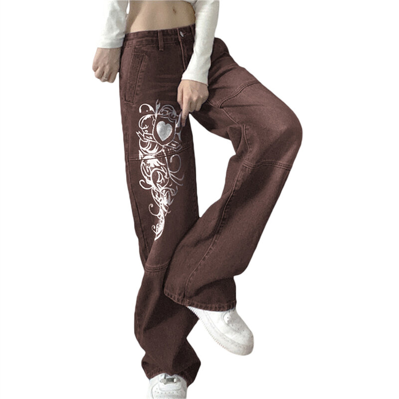Pantalones vaqueros con estampado Y2k de cintura baja para mujer, Leggings informales holgados y rectos con fondo de campana, ropa de calle, novedad