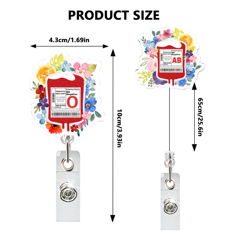 Nowy 1Pc Glitter Flower Blood Type Bag Retractable Badge Reel Clips For Nurse Doctor Hospital Medical Workers Akrylowe etui na karty