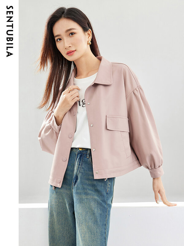 Sentubila 여성용 랜턴 슬리브 가죽 재킷, 2024 용수철 가을 심플 패션, 새로운 라펠 루즈 포켓 재킷, W33G52538
