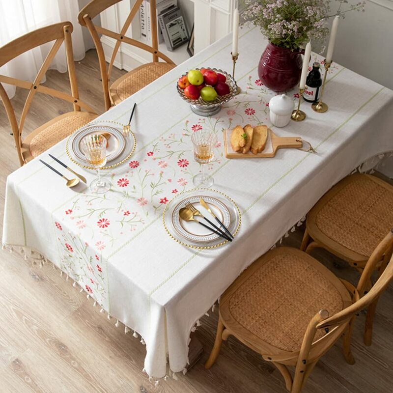 Toalha de mesa sem rugas com bordado padrão floral, linho de algodão, toalha de mesa ao ar livre, peso pesado, decorativo