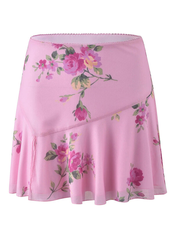 Women Summer 2Pcs Skirt Outfits Floral Print Halter Tank Tops + Mini Short Skirt Set Beach Party Club Clothes Vintage Streetwear