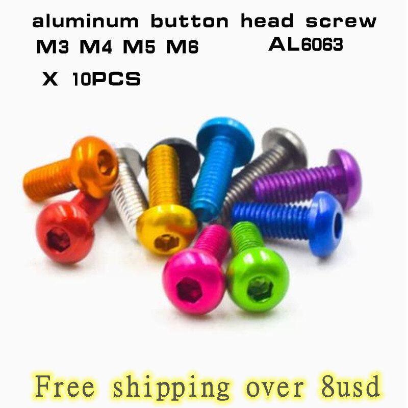 Tornillo de cabeza de botón de aluminio, 10 piezas, M3, M4, M5 x 5/6/8/10/12/16/20/25/30, tornillo de cabeza hexagonal de aluminio colorido