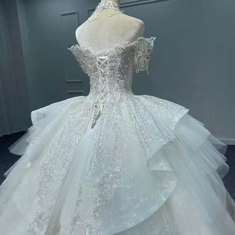 Splendida novità abiti da sposa per donna maniche corte a terra scollo a barchetta Lace Up perline Vestido De Noiva MN178