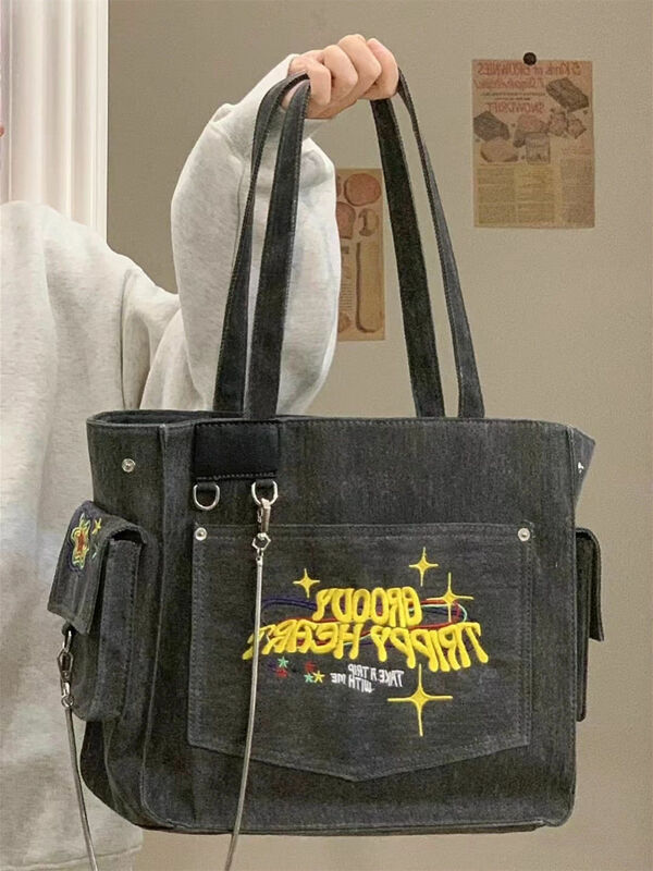 Tela lavata lettere ricamate portatile retrò Vintage Tote borsa a tracolla ad alta capacità borsa per la spesa borsa da donna
