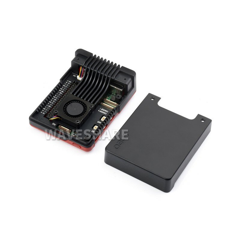 Waveshare Argon NEO Aluminum Alloy Case for Pi 5, Built-in Cooling Fan, Black / Red Color, Removable Top Cover, Pi 5 case