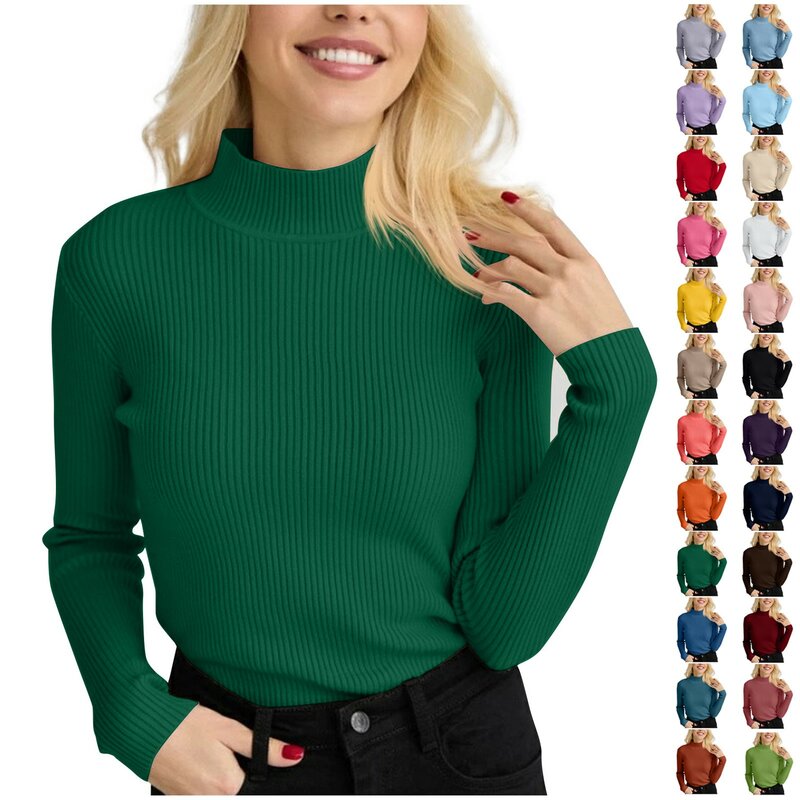 Women's Fashion Casual Half High Neck Underlay Solid Color Versatile Knitted Round Neck Pullover Sweater Autumn And Winter
