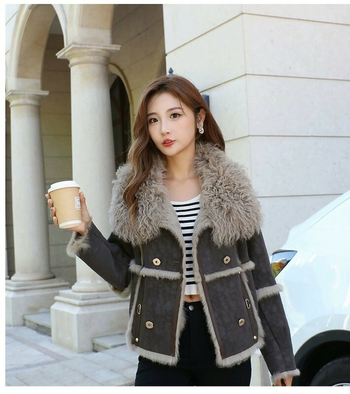 2023 new hot-selling real rabbit fur all-in-one women's fur coat lamb hair large fur collar Korean style casual short style