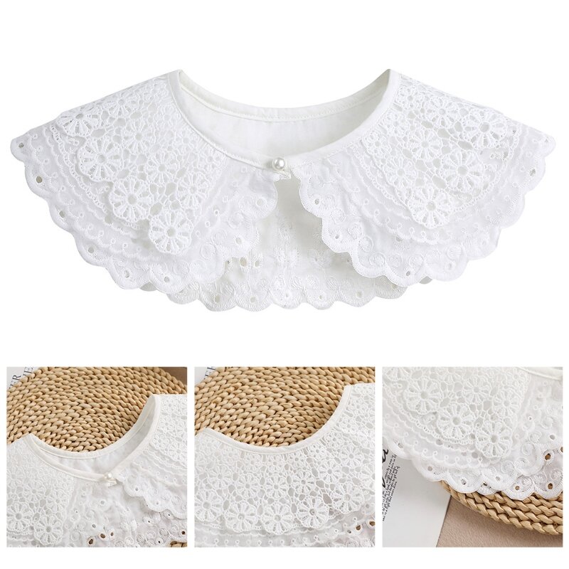 2024 New Women Lovely Lace Fake Collar Flower Pattern False Collar Three Layered Breathable Summer White Collar Necklace Shawl