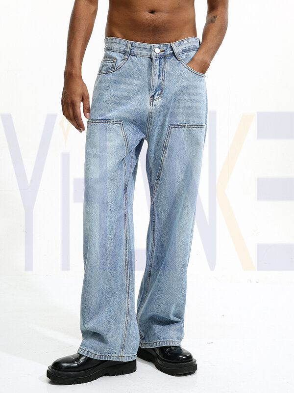 Celana panjang Denim Korea untuk pria, celana panjang Denim gaya jalanan longgar pinggang tinggi desain asli jahitan mode 2024