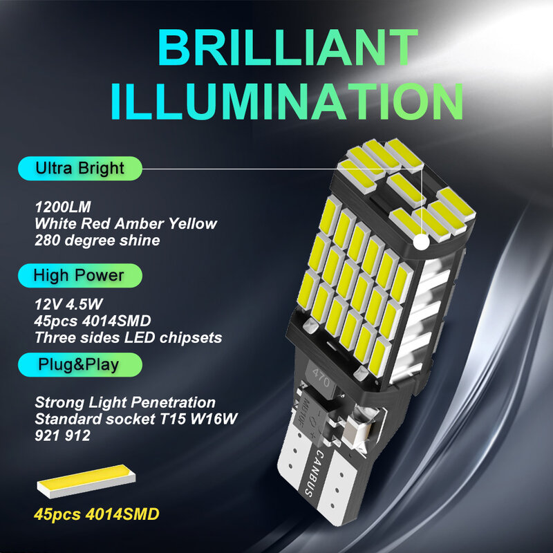 2/6PCS T15 W16W 921 912 T16 T10 902 LED Bulbs High Power 45pcs 4014SMD Super Bright 1200LM Replace for Car Reversing Light White