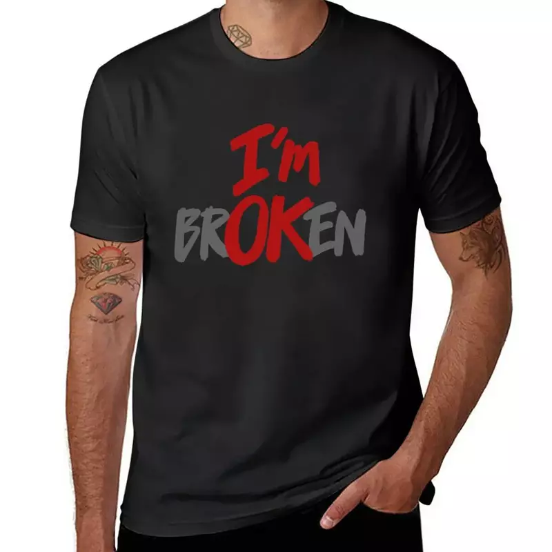 Футболка I'm OK (I'm brOKen), рубашки размера оверсайз с графическим рисунком, футболки с графическим рисунком, простые черные мужские футболки