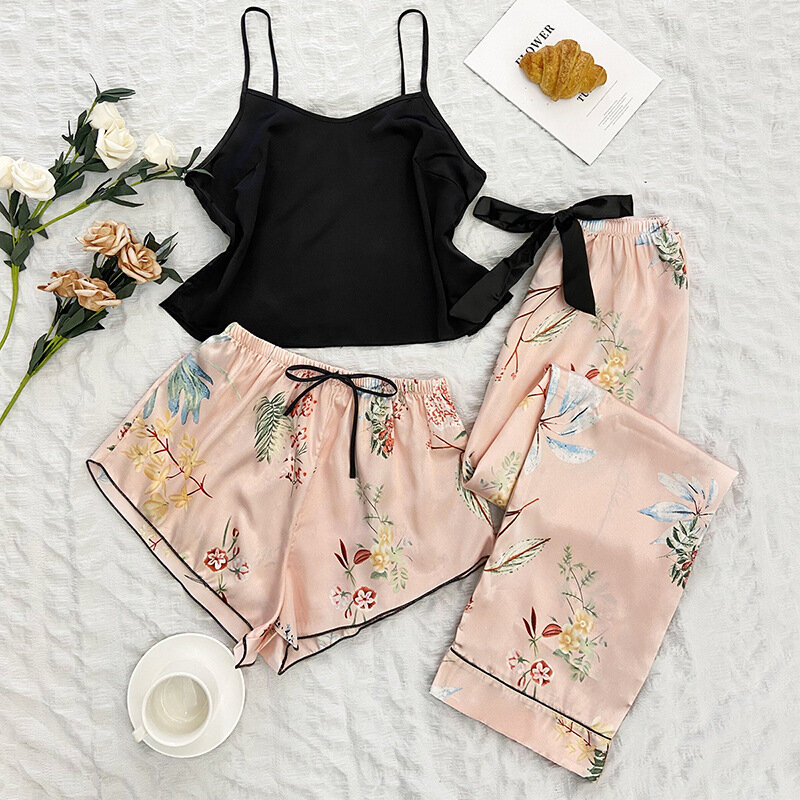 Conjunto de pijama de tres piezas con estampado de flores para mujer, camisón de satén con tirantes, pantalones cortos y pantalones, ropa de casa de verano
