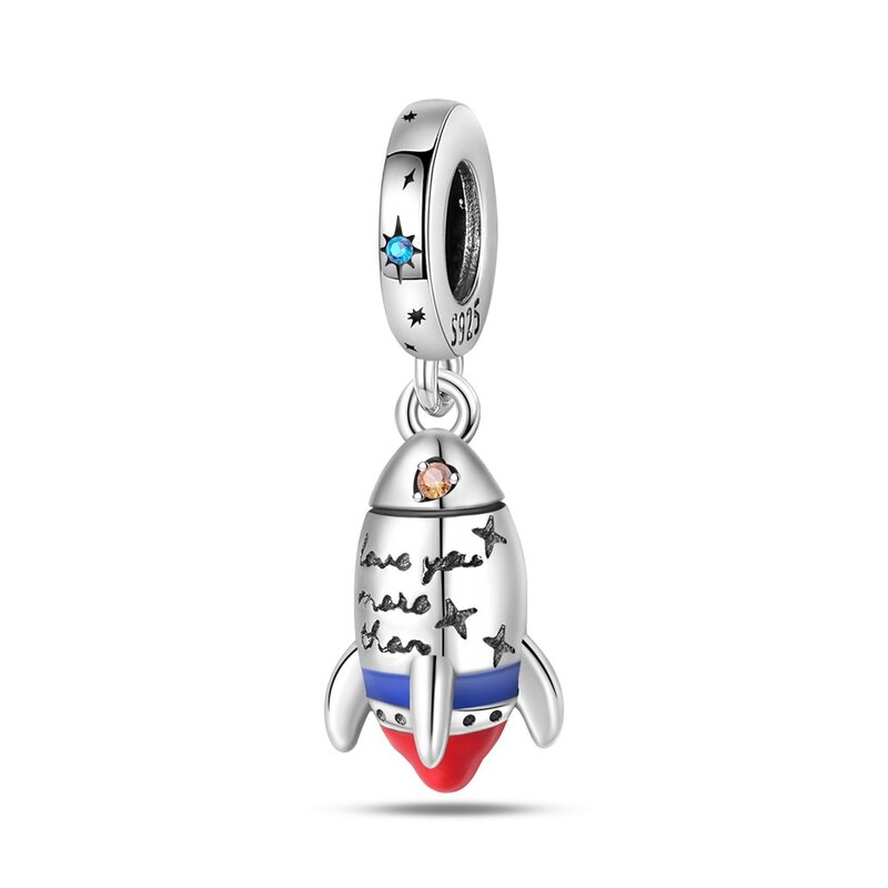 925 Sterling Silver Pandora Bracelet for Women, Love You Rocket Charm, Mecanical Party, Jewelry Accessories, Blue, Red, Brilliant