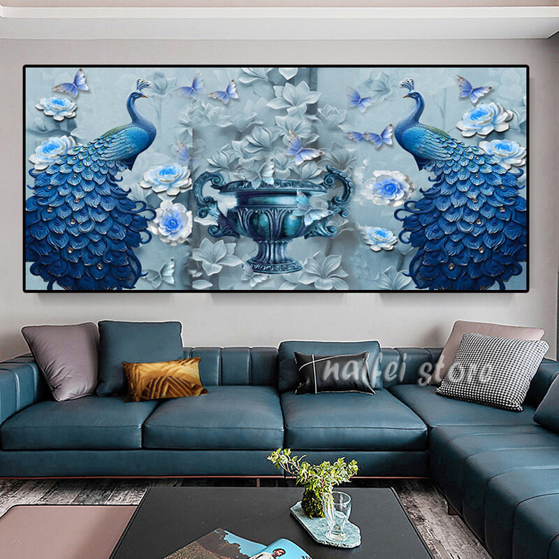 Pintura de diamantes 5d para sala de estar, mosaico de diamantes hecho a mano, flor de pavo real, tamaño grande, Kits de punto de cruz simples, decoración del hogar