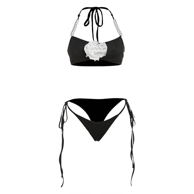 Zestaw czarny strój kąpielowy damski 2 sztuki Bikini Sexy pasek Top bez rękawów + bielizna lato 3D kwiat plaża wakacje Streetwear