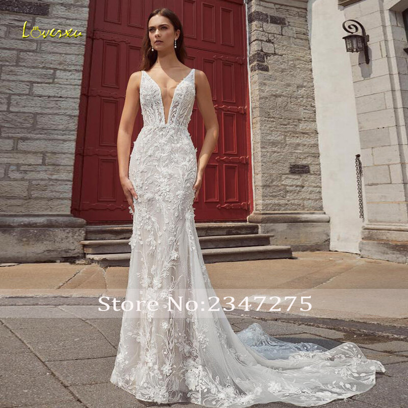 Женское свадебное платье с юбкой годе Loverxu, элегантное кружевное платье без рукавов с фестонами и вышивкой, 2024
