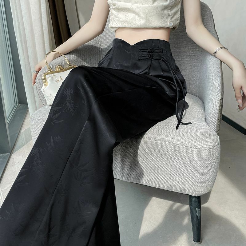 Calça chinesa jacquard cetim feminina, de cintura alta, botão reto, perna larga, solta, nova, rosa, primavera, verão, 2022