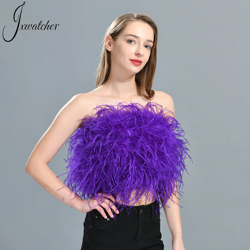 Jxwatcher Women's Ostrich Feather Top Bra Lady Stretch Strapless Underwear Natural Feather Tube Summer Party Wedding Cropped Top