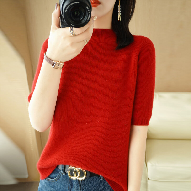 Women's Fashion Sweater 2022 New Half Turtleneck Solid Color Five-point Sleeve Knitted Bottoming Pullover Slim Korean Trend Top