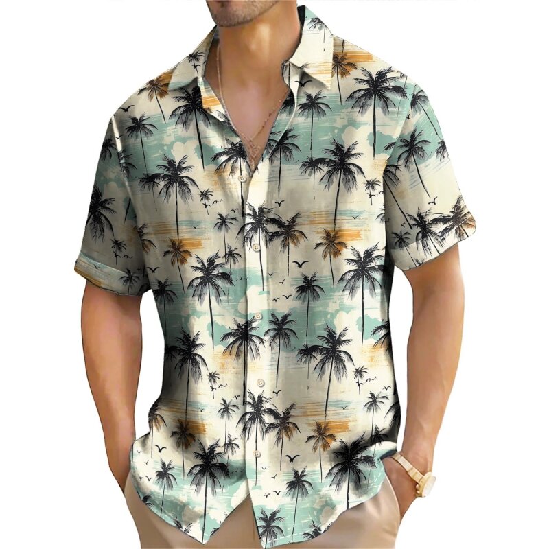 Kemeja Pria pohon kelapa cetak kemeja lengan pendek atasan kasual modis kemeja Hawaii ukuran besar untuk pria kemeja pantai kasual 2024