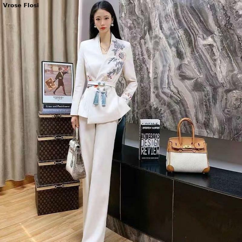 New 2024 Chinese Style White Blazer For Women Design Solid Medium Long Coat Office Female Overcoat Spring Autumn Blazers Ladies