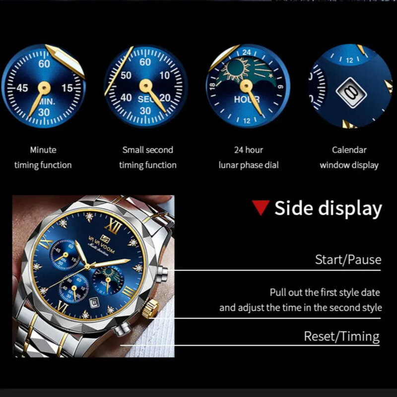 Роскошные мужские кварцевые часы, брендовые многофункциональные водонепроницаемые деловые кварцевые часы из нержавеющей стали с датой и лунной фазой для мужчин