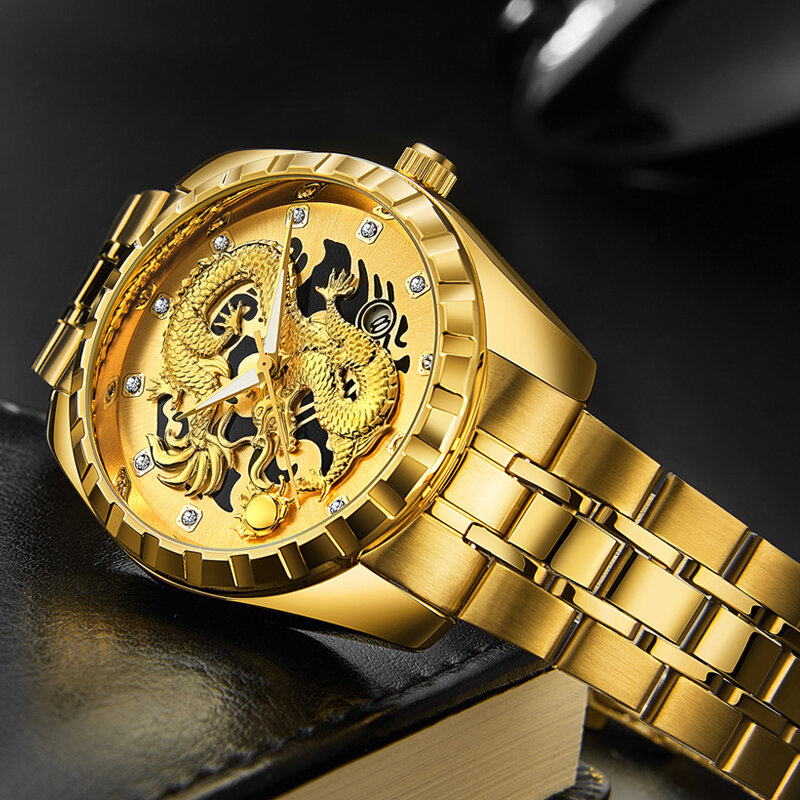 WLISTH-Montre-bracelet Dragon creux en relief pour homme, entièrement en acier inoxydable, horloge à quartz dorée, marque supérieure, mode masculine