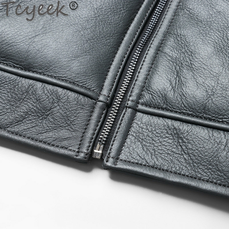 Tcyeek-معطف فرو جلد الغنم الطبيعي للرجال ، السترات الجلدية حقيقية ، طوق الصوف التلبيب ، معاطف الفراء الحقيقي ضئيلة ، ملابس قصيرة ، الشتاء